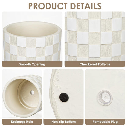 Nature Crafted 5.5 inch Ceramic Plant Pots with Drainage Hole & Silicone Plug, Checker Ceramic Round Planter Flower Planter for Indoor Outdoor Plants Home Gardening Desktop Windowsill, White
