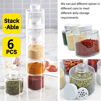AYNEFY 6 Pcs Stackable Pot,Transparent Tower Seasoning Bottle Storage Container Kitchen Seasonings Jars Salt Storage Box Organizer