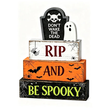 4 Pcs Halloween Table Decorations Ghost Tombstone Wooden Block Signs RIP and be Spooky Rustic Tiered Tray Decor Farmhouse Halloween Centerpiece with Bat for Home Kitchen Shelf Office Mantel