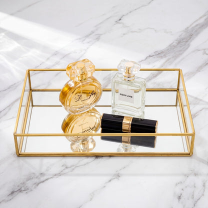 Lyellfe 2 Pack Perfume Trays, Gold Vanity Tray, Decorative Gold Mirror Tray, Non Slip Rectangular Perfume Tray, Jewelry, Bathroom