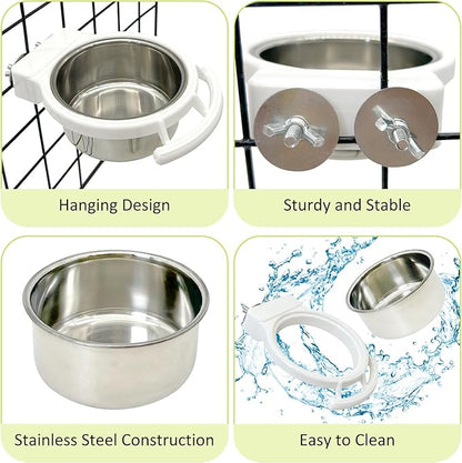 Stainless Steel Bird Bowls for Cage 2 Pcs Parrot Feeding Dish Metal Food and Water Cups Detachable Birds Cage Feeder Hanging Finch Food Plates with Perch for Parakeet Budgie Lovebird (White)
