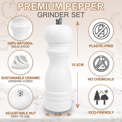 Salt and Pepper Grinder Set of 2 - Wood Salt and Pepper Mill with Adjustable Coarseness Ceramic Core - Manual Salt Grinders Refillable Spice Mills - Pepper Shakers for Sea Salt/Chili/Sesame, 6.5 Inch