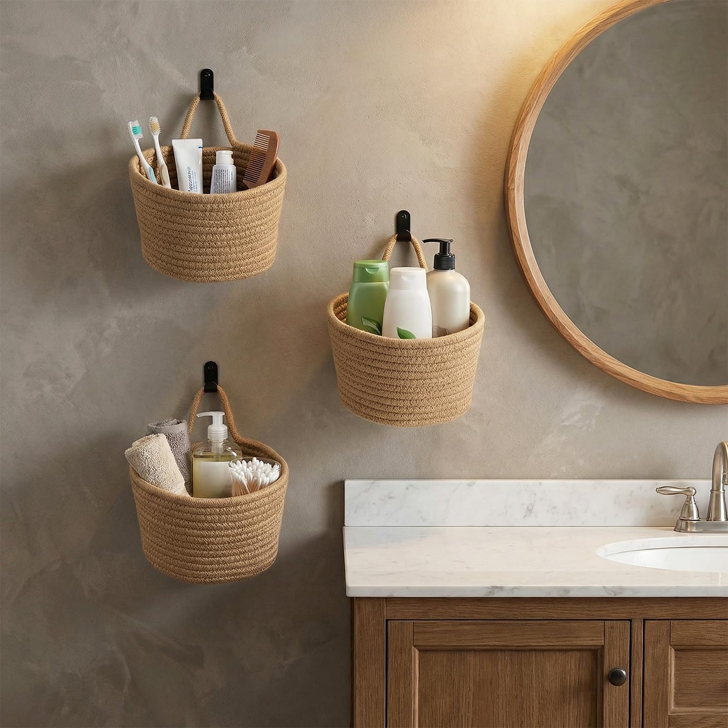 kenaeooe 6 PCS Wall Hanging Basket Set Handwoven Cotton Rope Hanging Fruit Basket Organizer with Hooks Boho Decorative Storage Bins for Home Kitchen Office Door Wall