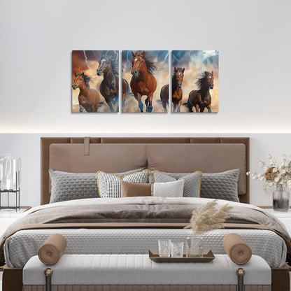 Boho Horse Canvas Wall Art Set of 3 for Living Room Bedroom, Blue Lightning Paintings Wall Decor 3D Bohemian Exotic Black Brown Wild Animal Horse Wall Art Western Farmstyle Poster Prints