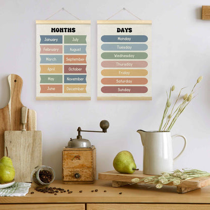TLESKE Months of the Year Days of the Week Chart Poster Hanger Frame for Toddler Kid Classroom Set of 2, Homeschool Hanging Wall Art for Nursery Playroom, Preschool Learning Educational Poster, 12x16
