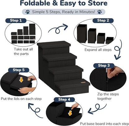 4-Step Wide Dog Stairs with Storage 23" H, Non-Slip Sturdy Pet Steps for High Bed Couch Window, Pet Stairs for Small/Medium/Large Old Dogs Cats Up to 220lbs, Cat Dog Steps for Car/SUV, Black