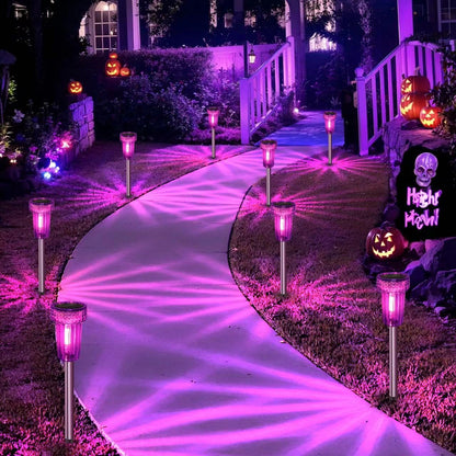 DERAYSION Halloween Solar Lights Outdoor Pathway Lights Purple LED Waterproof Yard Landscape Auto Dusk-to-Dawn Halloween Outdoor Path, Garden,Lamps for Festive Decoration 8 Pack