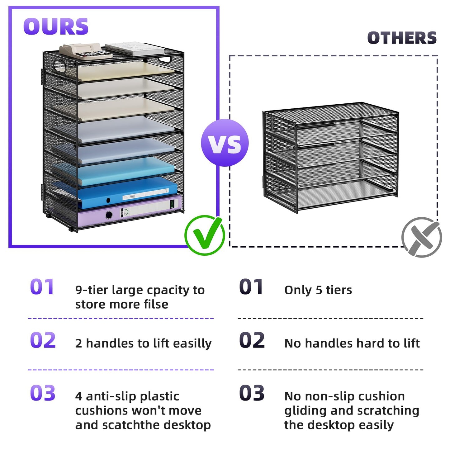 Marbrasse Paper Organizer Letter Tray, 9 Tier Mesh File Organizer with Handle, Paper Sorter Desk Organizer for Home Office Supplies