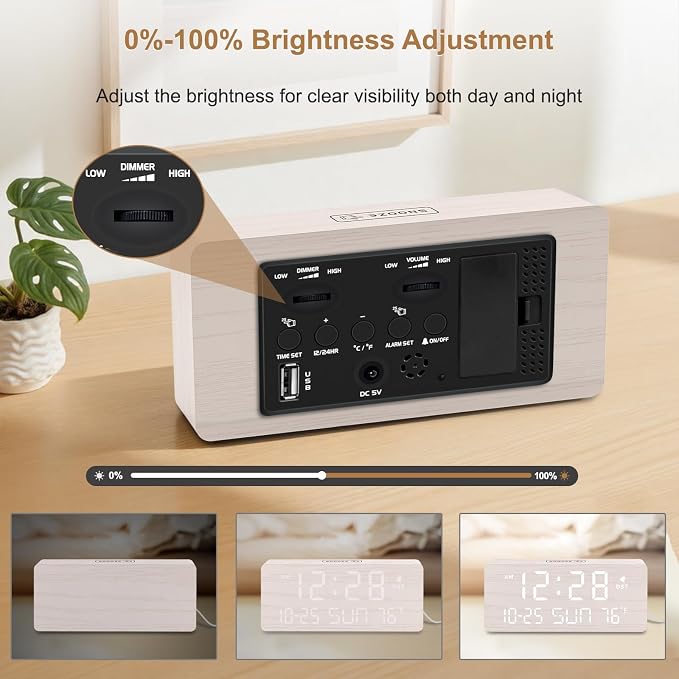 DreamSky Wooden Digital Alarm Clocks for Bedrooms with Date & Day of Week | Living Room Desk Clock, Temperature, USB Port, Dimmer Wheel, Adjustable Volume, Auto DST, Office Wood Decor (Plug-in)