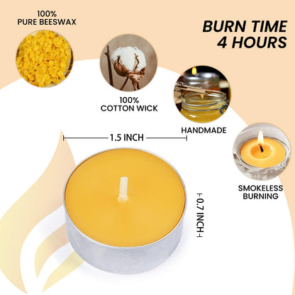 50-Pack Handmade Pure Beeswax Tealight Candles, Aluminum Cups, 4-5H Burn