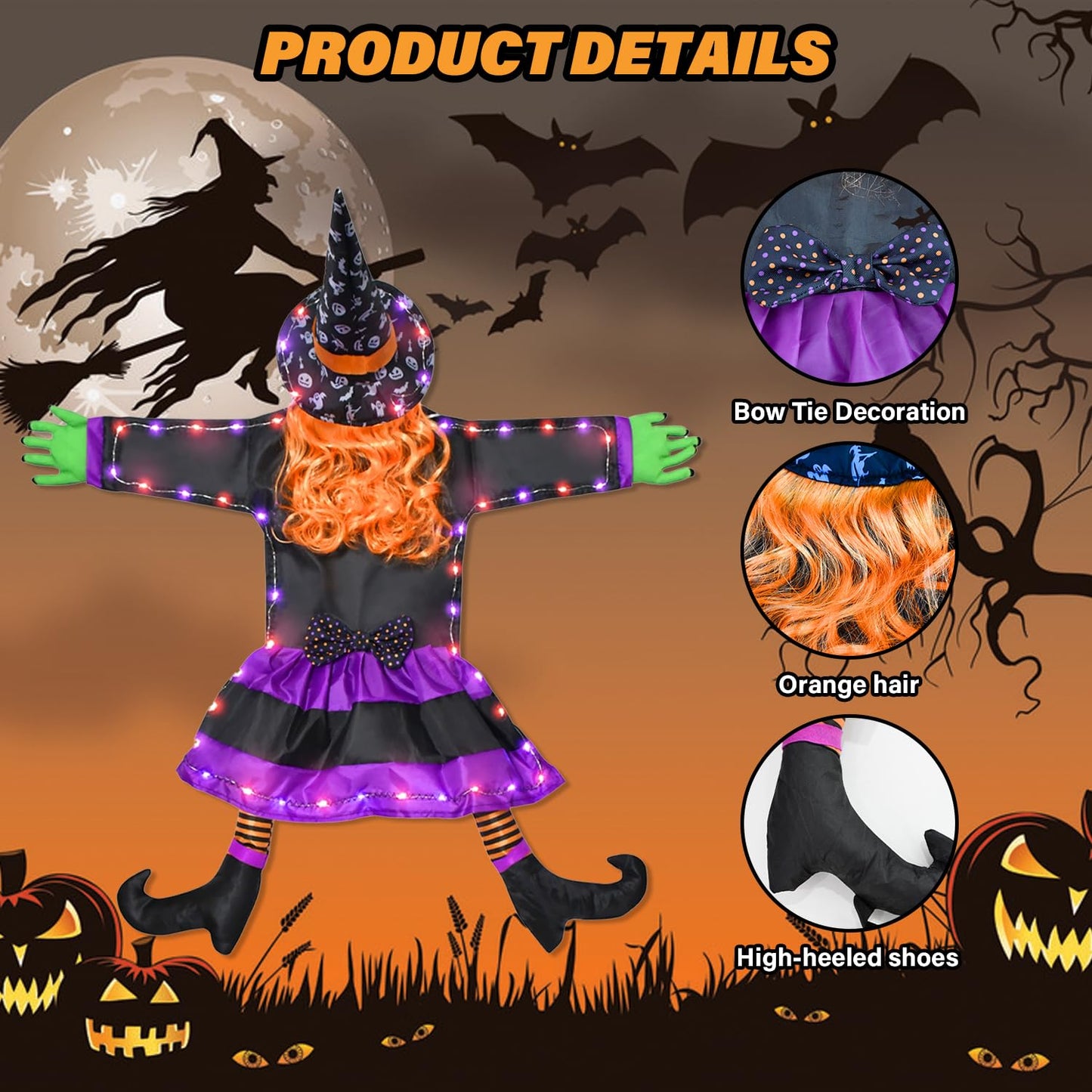 Finphoon Crashing Witch Into Tree Halloween Decoration Lighted Flying Witch Crashing into Tree, Halloween Trees Decorations, Flying Witches Hanging Decor for Yard, Garden, 48" H