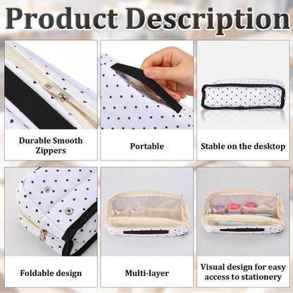 Gueevin Large Capacity Pencil Case Polka Dot Pen Pouch with Multiple Compartments Foldable Portable Pencil Case Black White Stationery Organizer Bag for Adults(White)