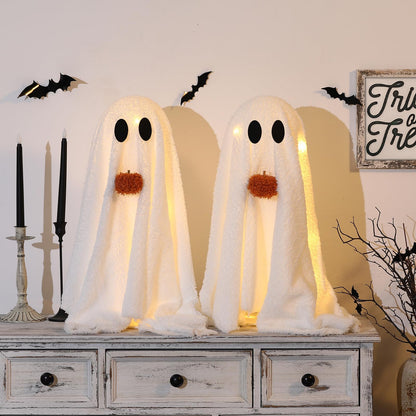 Halloween Decorations-2 Pack Light-Up Sherpa Ghosts with Pumpkin Halloween Decor Indoor Cute Ghost Tabletop Decor for Party Home Kitchen and Fireplace