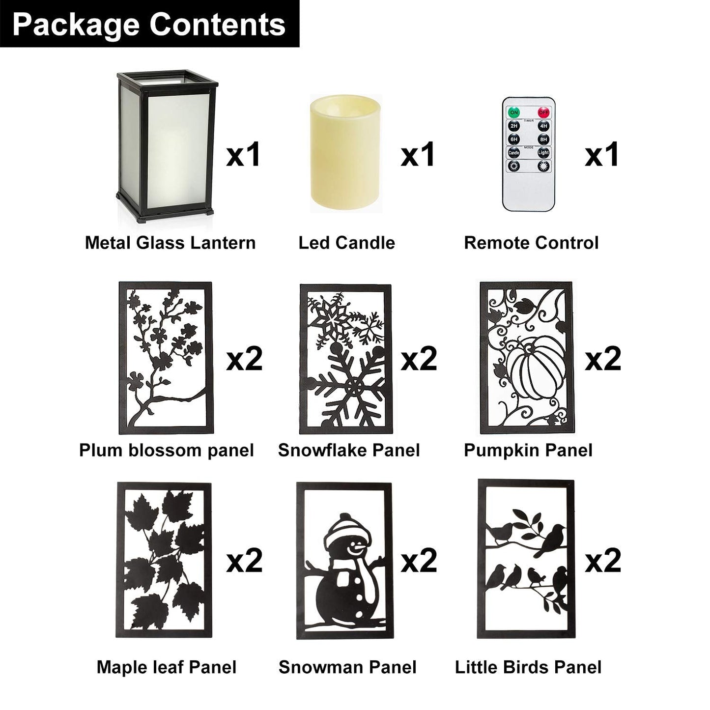 GiveU Decorative Led Candle Lantern with Timer Rustic Candle Lantern with Twelve Magnetic Seasonal Themed Panels ,5 x 5 x 8.5" Black