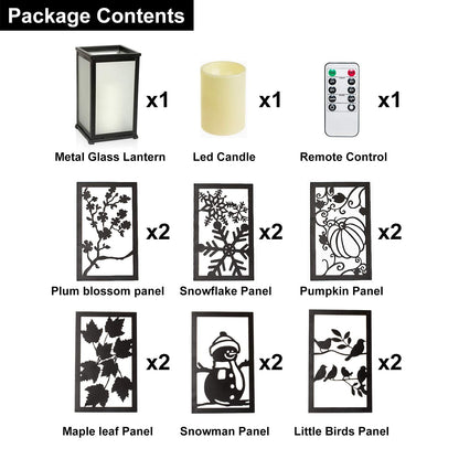 GiveU Decorative Led Candle Lantern with Timer Rustic Candle Lantern with Twelve Magnetic Seasonal Themed Panels ,5 x 5 x 8.5" Black