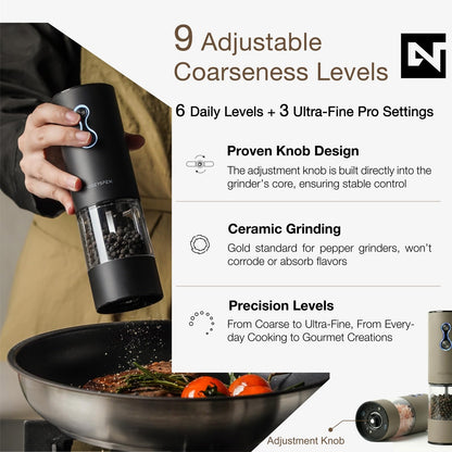 Electric Salt and Pepper Grinder Set USB-C Rechargeable, Dual-Speed Automatic Salt and Pepper Mills with 9 Adjustable Coarseness, Ceramic Burr, LED Light, Refillable, (Taupe Brown）