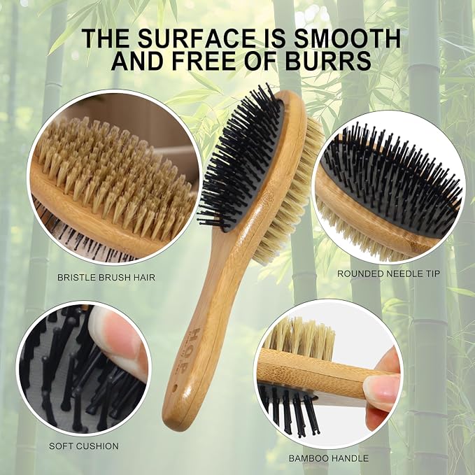2-in-1 Double-Sided Dog Brush with Bamboo Handle Pin&Bristle Dog Hair Brush Pet Grooming Tool for Dogs and Cats Remove Loose Hair Knots Tangles