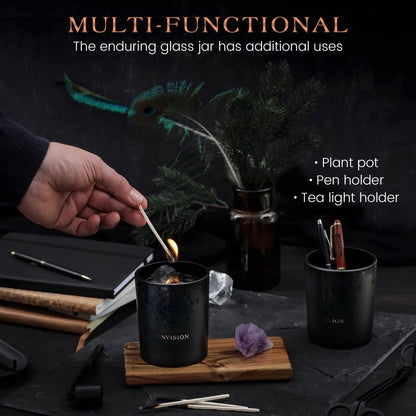 Black Orchid & Pine Moss Scented Crystal Candle - Luxury Manifestation Candle with Smoky Quartz and Clear Quartz Crystals - 7.4oz Natural Soy, Coconut & Beeswax, Wood Wick