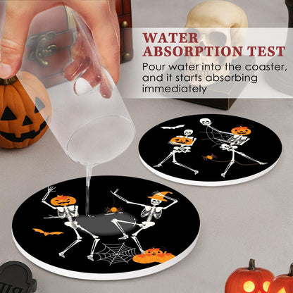 Bribay Coaster for Drinks Set of 6, Funny Happy Halloween Skeleton Pumpkin Bat Absorbent Round Ceramic Stone Mat, with Cork Base and Metal Holder, Gift for Housewarming Room Bar Decor