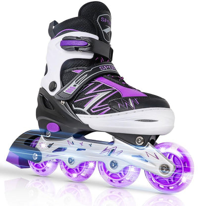 LEJIJIT Adjustable Kids Inline Skates for Girls Boys Children Beginners, Black & Purple Inline Skates with Light Up Wheels for Kids and Youth for Indoor Outdoor Sports (Medium)