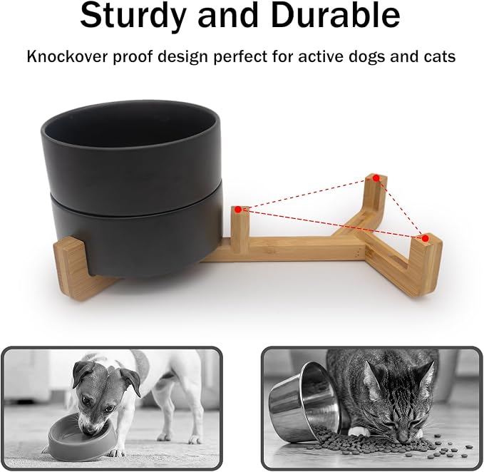 MateeyLife Ceramic Dog and Cat Bowls with Stand, 2-Pack Food and Water Bowl Set - Non-Slip Pet Bowls for Cats,Puppies and Small Dogs, 13.5OZ（Black）