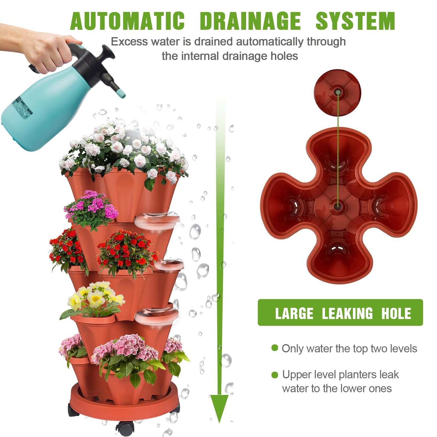 Bociks Vertical Strawberry Planter 5 Tier Stackable Tower Herb Planters Stacking Outdoor Garden Planters Pot With Tools Mover For Growing Flowers, Vegetables and Succulents