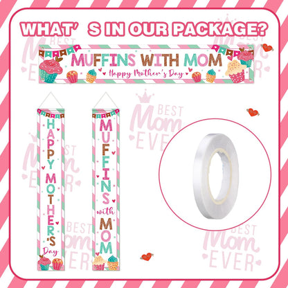 Fanfanwin 3 Pcs Happy Mother's Day Banner Muffins with Mom Decoration Mothers Day Banner Cake Love Mom Thank You Mama Party Supplies for Women Mama Wife Photo Booth Studio Props