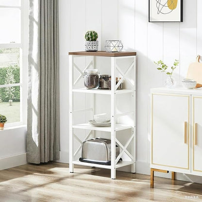 MNEETRUNG Small Bookshelf,4 Tier Industrial Bookcase with Metal Frame and Backboard,Narrow White Book Shelf,Book case for Small Spaces,Living Room,Bedroom and Home Office