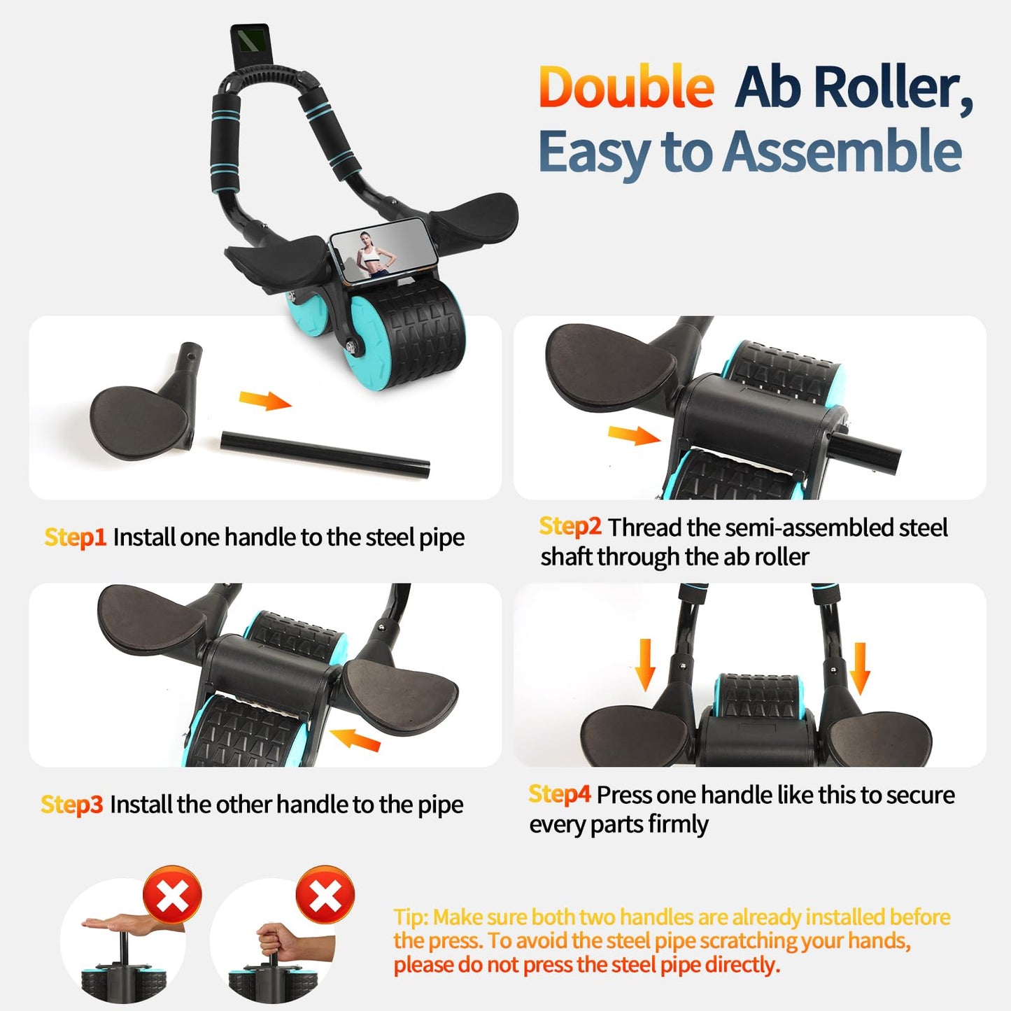 Ab Roller Wheel with Timer & Knee Mat, Home Workout Auto Rebound Abdominal Wheel with Elbow Support - Core Workout Equipment for Strengthening Abs, Home Gym Exercise for Women & Men