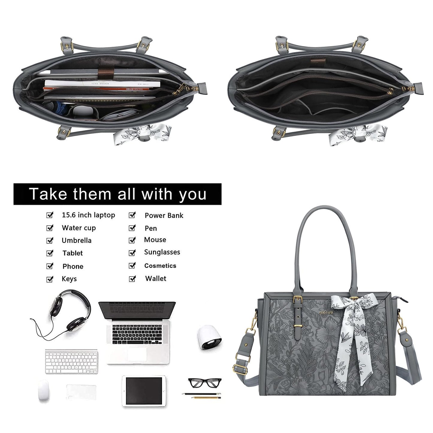 MOSISO Laptop Bag for Women, 17-17.3 inch PU Leather Tote Bag Compatible with MacBook, HP, Dell, Asus Notebook, Front Embossed Retro Hibiscus Computer Bags with Silk Scarf&Clutch Purse, Gray