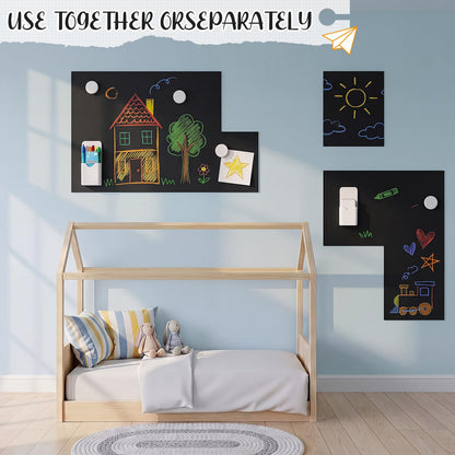 Poola Voidra 40" x 24" Magnetic Wall Decal, 8 Pcs Peel and Stick Magnetic Contact Paper with Chalk Eraser and Magnet Storage Boxes, Drawing Modular Board for Playroom Classroom Home(Black)