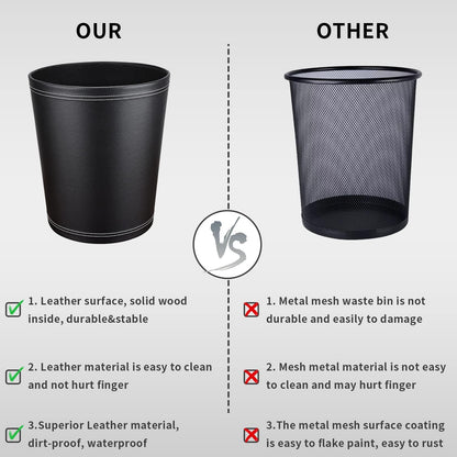 GORESE Pu Leather Trash Can, 2.6 Gallon Black Bathroom Trash Can, Small Office Garbage Can Wastebasket for Bedroom, Kitchen, Round Trash Bin Decorative Under-Sink/Desk/Home Easy to Clean