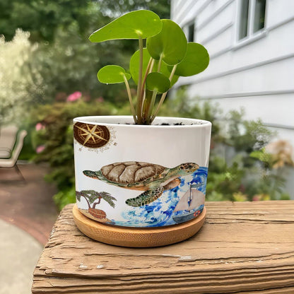 DreamAutumn Ocean Theme Sea Turtle Planter Ceramic Round Plant Pots with Drainage Holes and Bamboo Tray Planting Small Flower Pots for Home Windowsill Desk Garden Indoor Outdoor Use
