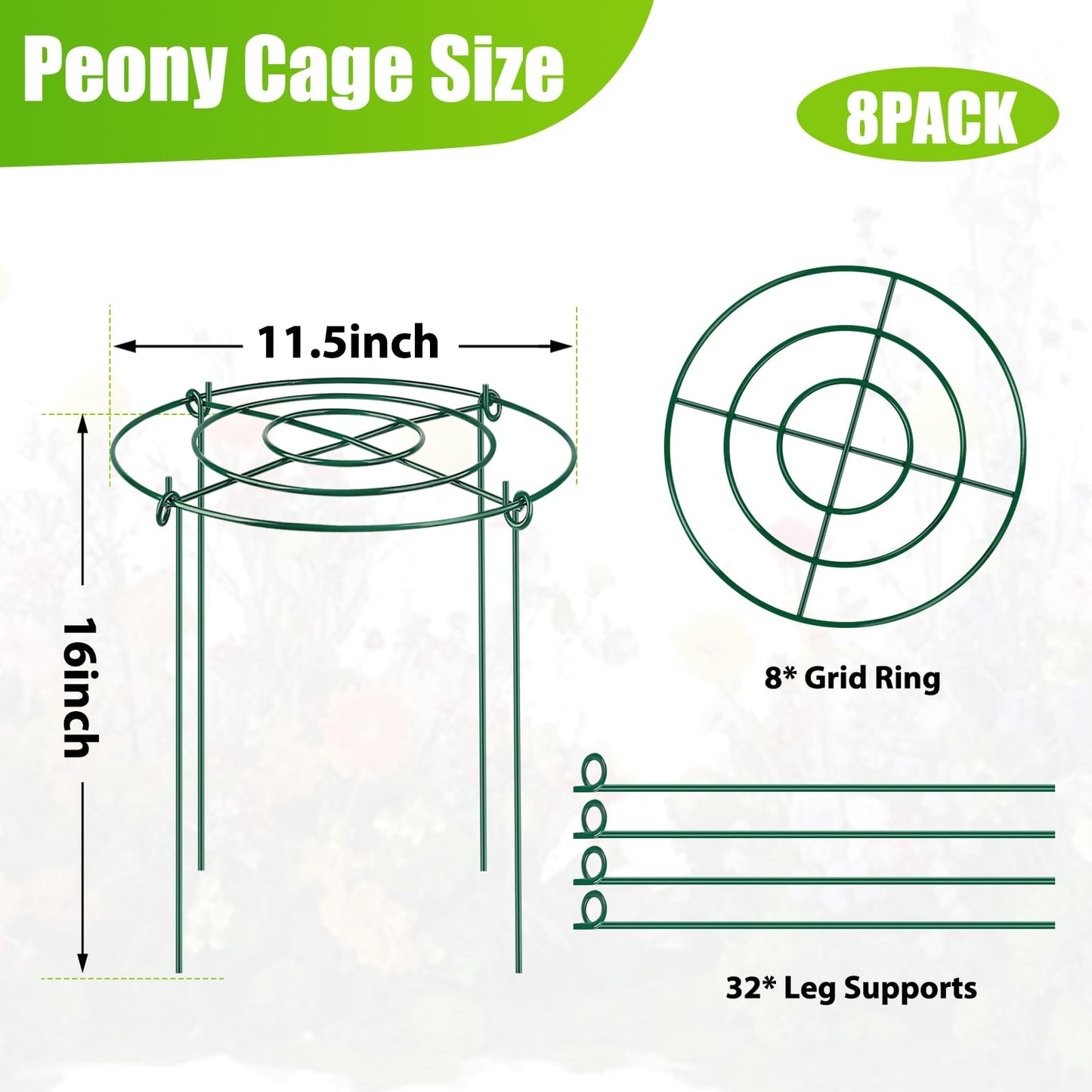 8 Pack Peony Cages and Supports, 11.5" Dx16 H Plant Supports for Outdoor Plants, Heavy Duty Metal Peony Support Cage Flower Support Rings, Plant Support Ring for Rose Tomato Hydrangea Strawberry