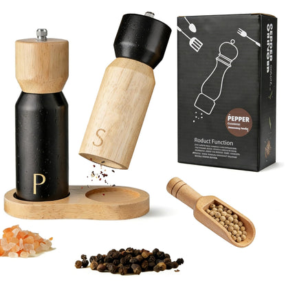 GCFTIFF Wooden Salt and Pepper Grinder Set, Refillable Salt & Pepper Mills Shakers,Manual Pepper Mill Made of Rubber Wood with Adjustable Ceramic Steel Core,with Wooden Stand & Spoon (2pcs 6.5 inches)