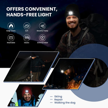 Bluetooth Beanie Hat with Light for Men 2 Pack, Rechargeable LED Beanie with Light, Headlamp Cap Wireless Headphones Built-in Speaker Mic for Teens Stocking Stuffers for Men(Back+Grey)