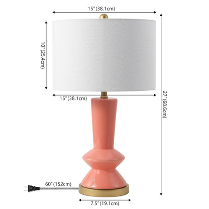 JONATHAN Y 27" Coral/Gold Painting Modern Ceramic Table Lamp for Bedroom Living Room, with White Linen Shade, Glam Geometric Bedside Nightstand Lamp, LED Bulb Included (JYL6607B)
