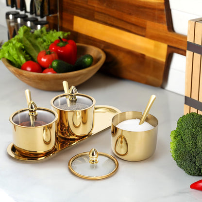 Hedume Set of 3 Grids 304 Stainless Steel Seasoning Containers with Glass Lid Spoon and Tray, 11 oz Gold Condiment Jar Spice Container, Condiment Canisters Pots for Serving Sugar, Pepper, Salt, Candy