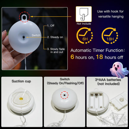 suddus Halloween Window Lights - 3 Pack Battery Operated with Timer - Orange Pumpkin, Purple Spider & White Ghost Decorations
