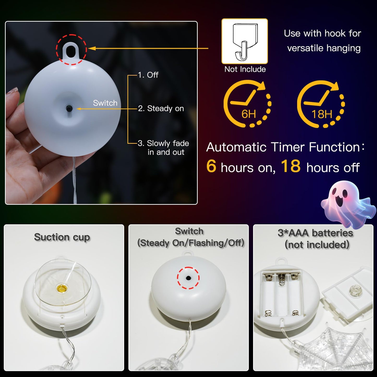 suddus 3 Pack Halloween Lights Battery Operated with Timer, Orange Pumpkin Violet Spider Green Witch Hat Halloween Decor Window Lights with Suction Cup for Home Indoor Party Decorations