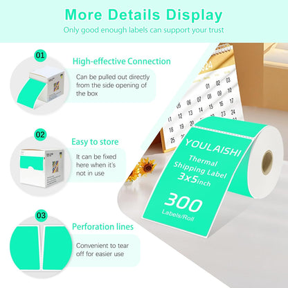 3 X 5 Inch Printable Waterproof Rectangle Color Coding Labels, 300 Per Roll Adhesive Color Coding Stickers for Bar-Codes, Address, Small Business Labeling, Inventory (Light Green)