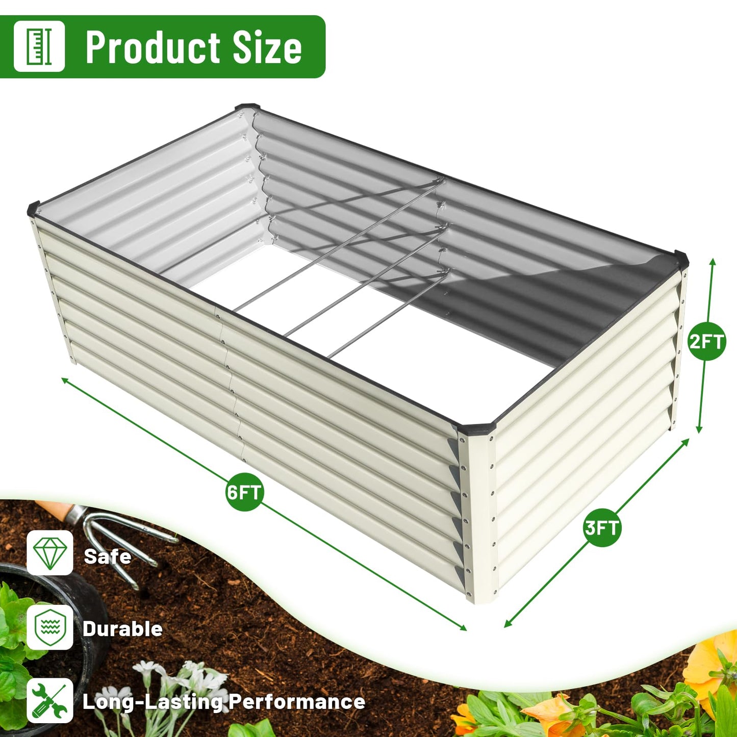 SnugNiture Galvanized Raised Garden Bed 6x3x2FT Outdoor Large Metal Planter Box Steel Kit for Planting Vegetables, Flowers, Beige White