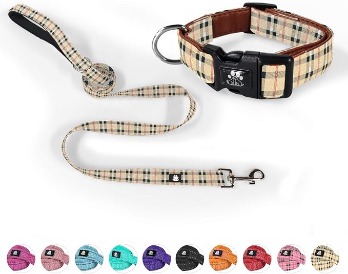 NESTROAD Dog Collar and Leash Set,Soft Neoprene Pet Collar with Quick Release Buckle,Adjustable Nylon Dog Collars for Small Medium Large Dogs(Medium,Cherecked Beige)