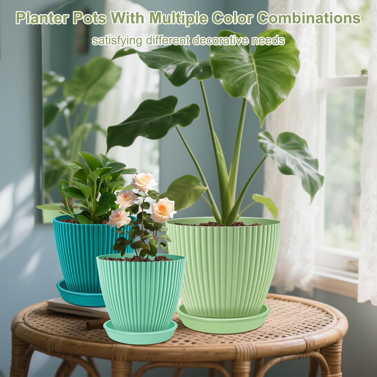 SupKing Large Plant Pots 7.5/6.7/6 Inch Set of 3, Plastic Flower Pots Planters with Drip Trays and Multi Mesh Drainage Holes Multicolor Nursery Planting Pot for Indoor Outdoor Garden Plants