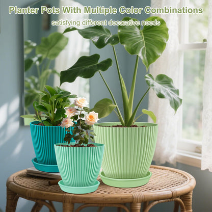SupKing Large Plant Pots 7.5/6.7/6 Inch Set of 3, Plastic Flower Pots Planters with Drip Trays and Multi Mesh Drainage Holes Multicolor Nursery Planting Pot for Indoor Outdoor Garden Plants