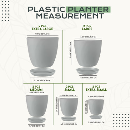 Utopia Home - Plant Pots Indoor with Drainage - 7/6.6/6/5.3/4.8 Inches Home Decor Flower Pots - Pack of 10 Plastic Planters for Indoor Plants, Cactus, Succulents Pot - Grey