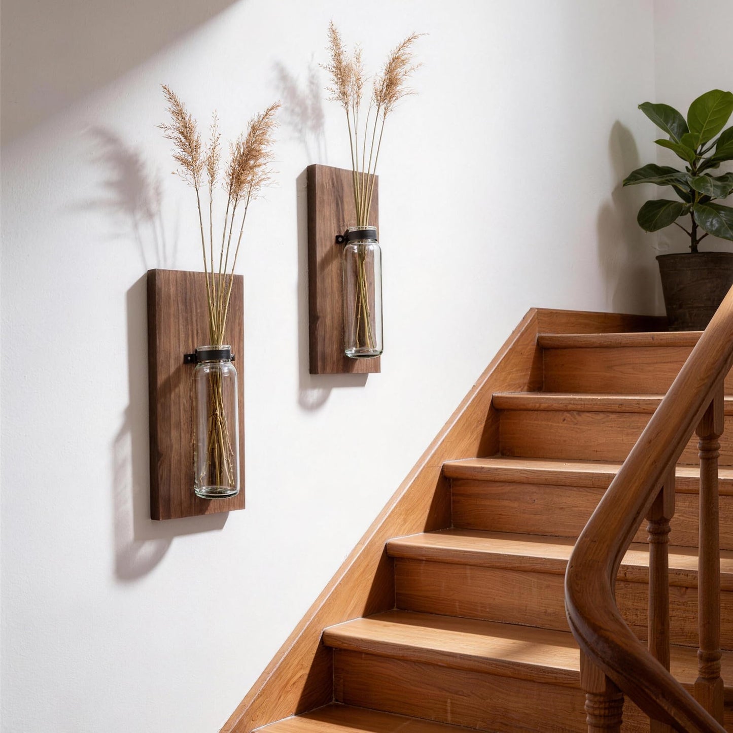 Heiple 2 Pack Wood Glass Wall Sconces, Farmhouse Planters for Indoor Plants, Rustic Decor for Living Room, Hanging Vase (Brown)