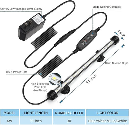 LED Submersible Aquarium Light 6W Underwater Fish Tank Light with Blue White&Blue and White Three Light Modes Timer Automatic On/Off and Dimmer Brightness Adjustable (11inch)
