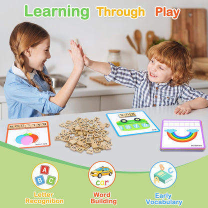 Humerry Spelling Game for Kids Ages 3-8, Word Building & Sight Word Games, Phonics Learning Toy with 100 Wooden Letter Tiles & 30 Double-Sided Flashcards, Preschool Kindergarten Early Reading Game
