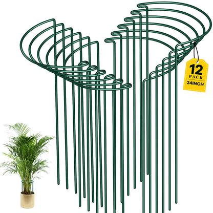 12 Pack Plant Support Stakes, 10" Wide x 24" High Half Round Metal Peony Cages and Support, Green Garden Plant Stake Plant Support Ring Border for Peony Tomato, Hydrangea, Flower Indoor Outdoor